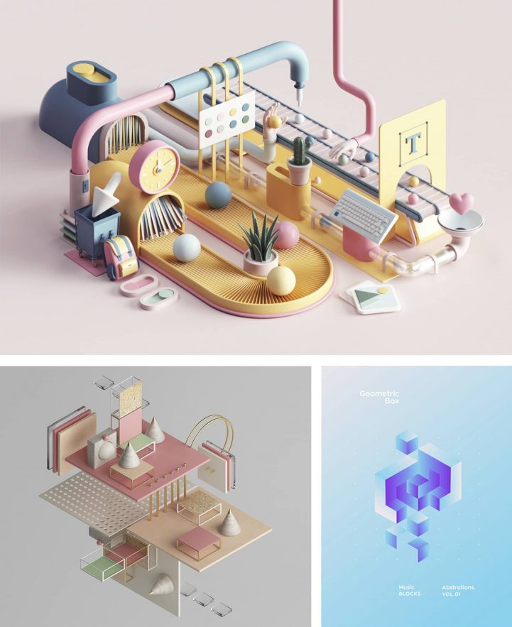 5Formas isometricas tendencias 2021 721x883 - 10 tendencias en dise&ntilde;o gr&aacute;fico para un a&ntilde;o muy esperado. &iexcl;Bienvenido 2021!