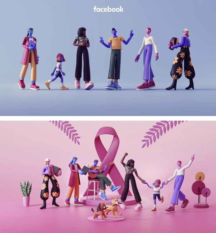 creacion de personajes 3d para facebook 821x883 - 10 tendencias en dise&ntilde;o gr&aacute;fico para un a&ntilde;o muy esperado. &iexcl;Bienvenido 2021!