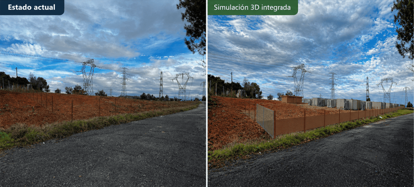 Comparativa entre el estado actual del terreno y la simulacion 3D integrada del proyecto energetico 1371x622 - Simulaciones e integraciones 3D para proyectos de ingenier&iacute;a energ&eacute;tica