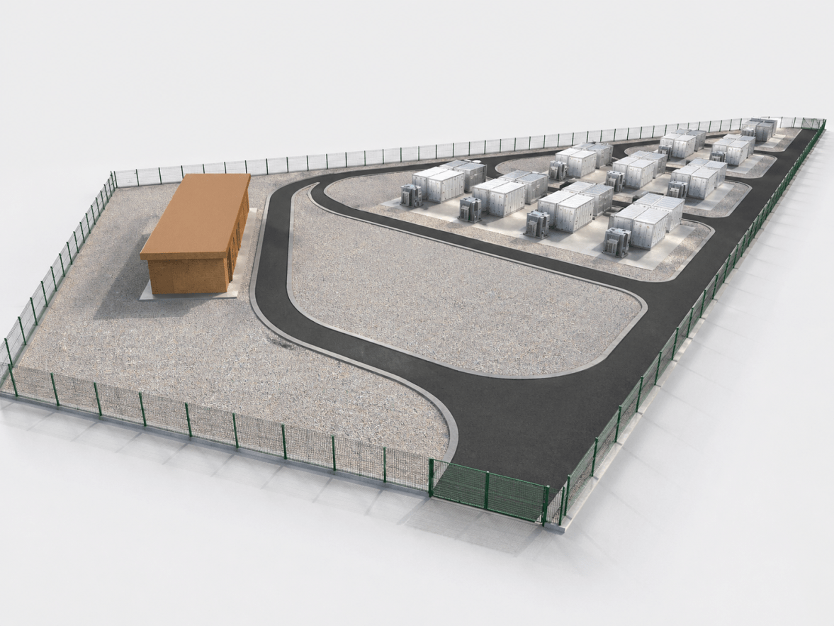 Modelado 3D de instalacion BESS con contenedores viales y vallado perimetral 1177x883 - Simulaciones e integraciones 3D para proyectos de ingenier&iacute;a energ&eacute;tica